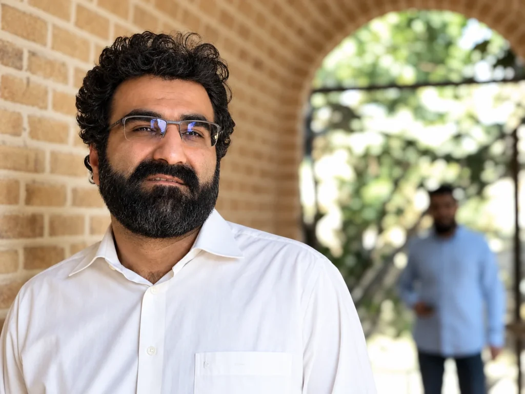 مصطفی طاهری با پیراهن سفید در راهروی آجری